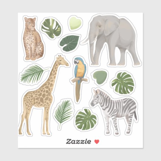 Safari Wilde Dieren Tropische Bladeren Sticker (Vel)