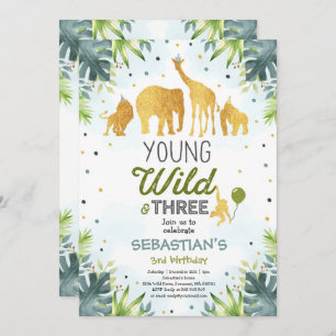 Safari Young Wild and Three Birthday Invitation Kaart