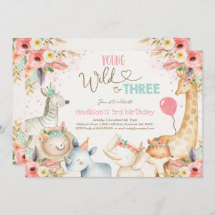 Safari Young Wild and Three Birthday Invitation Kaart