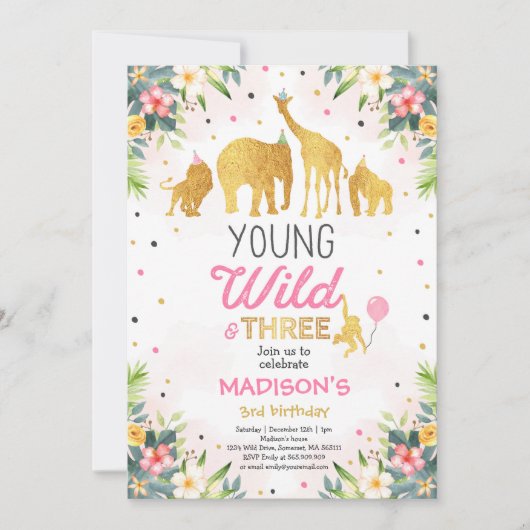 Safari Young Wild and Three Birthday Invitation Kaart (Voorkant)