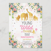 Safari Young Wild and Three Birthday Invitation Kaart (Voorkant / Achterkant)