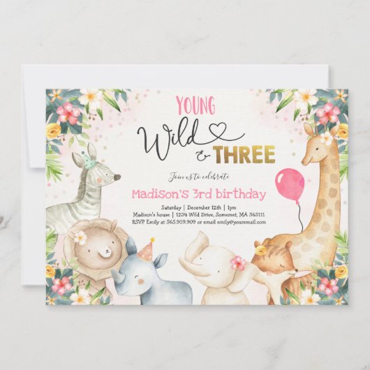 Safari Young Wild en drie verjaardagen uitnodiging (Voorkant)