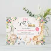Safari Young Wild en drie verjaardagen uitnodiging (Staand voorkant)