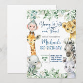 Safari Young, Wild & Three boy 3e verjaardag uitno Kaart (Voorkant / Achterkant)