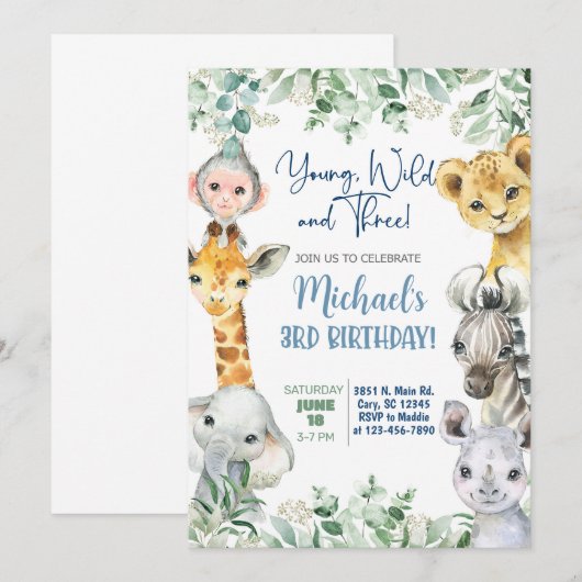Safari Young, Wild & Three boy 3e verjaardag uitno Kaart (Voorkant / Achterkant)