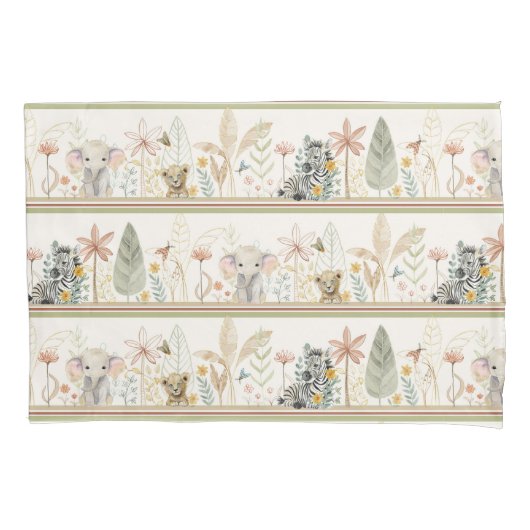 Safari Zebra Elephant Lion Oerwoud Bladerdek Baby  Kussensloop (Voorkant)