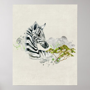 Safari Zebra met Green Savannah Tree Waterverf Poster