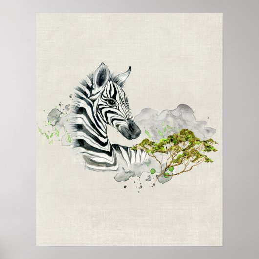 Safari Zebra met Green Savannah Tree Waterverf Poster (Voorkant)