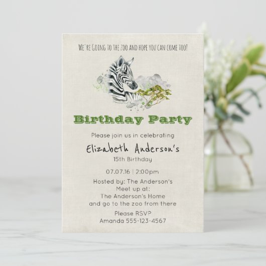 Safari Zebra Zoo Party Verjaardagsuitnodiging Kaart (Staand voorkant)
