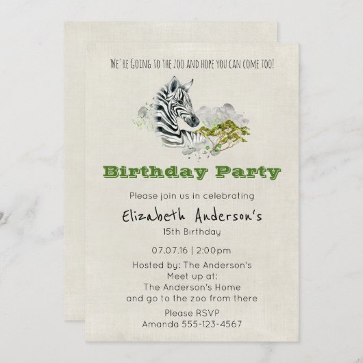 Safari Zebra Zoo Party Verjaardagsuitnodiging Kaart (Voorkant / Achterkant)