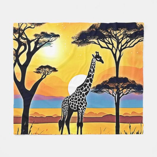 Safari Zonsondergang: Giraffe's Omhelzing Fleece Deken (Voorkant (Horizontaal))