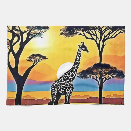 Safari Zonsondergang: Giraffe's Omhelzing Theedoek (Horizontaal)