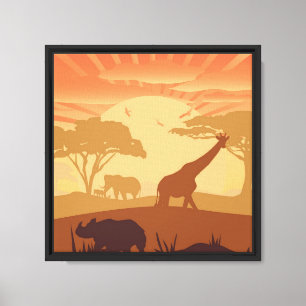 Safari Zonsondergang Silhouet van Wilde Dieren Canvas Afdruk