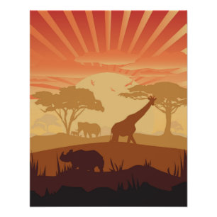 Safari Zonsondergang Wilde Dieren Silhouet Wandsch Perfect Poster