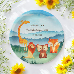 Safari Zoo Animals Blauw Groen Waterverf Papieren Bordje