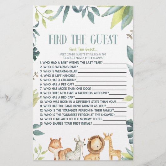 Safari Zoo Animals Vind het gast Baby shower spel Briefpapier (Voorkant)