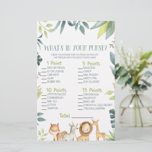Safari Zoo Dier Wat is er in Purse Baby shower spe Briefpapier (Staand voorkant)