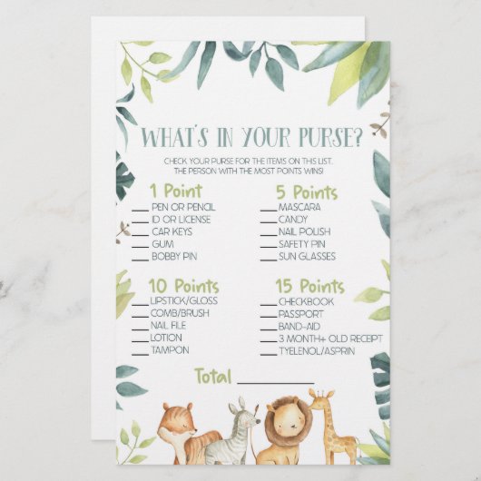 Safari Zoo Dier Wat is er in Purse Baby shower spe Briefpapier (Voorkant / Achterkant)