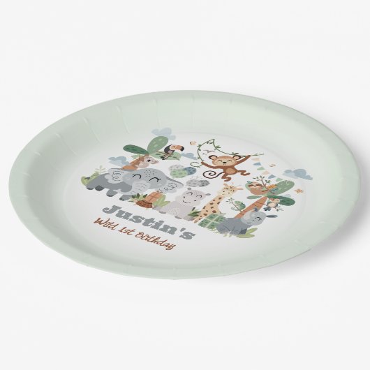 Safari ZOO Dieren Wild Een 1e verjaardag Papieren Bordje (Gekanteld)