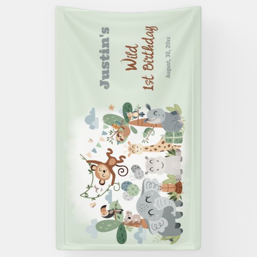Safari ZOO Dieren Wild Een Groene 1e Verjaardag Spandoek (Verticaal)