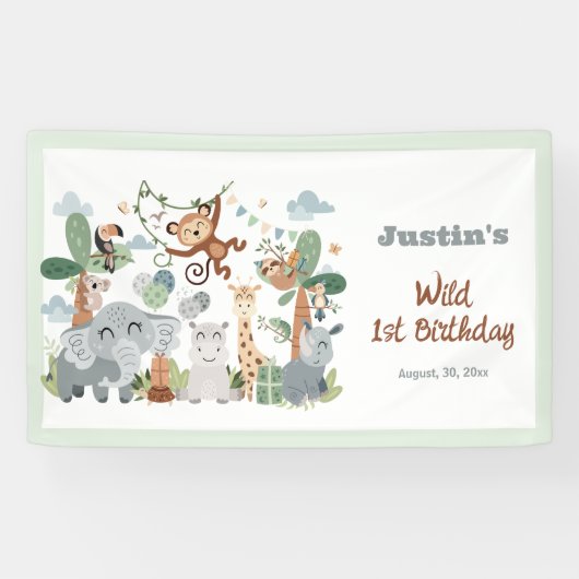 Safari ZOO Dieren Wild One Boy 1e Verjaardag Spandoek (Horizontaal)