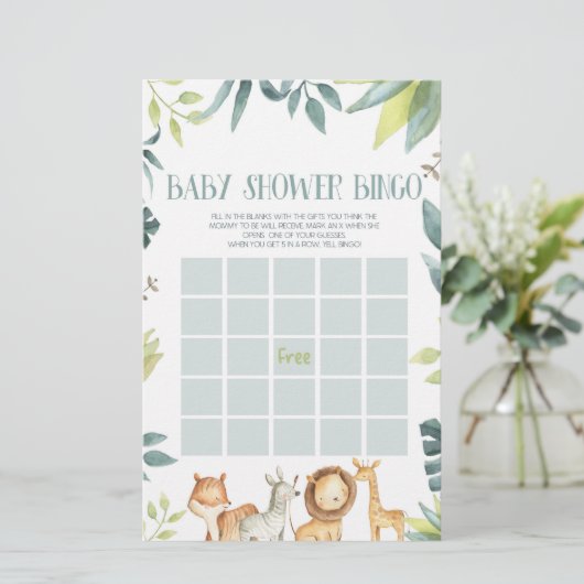 Safari Zoo Oerwoud Dieren Bingo Baby shower Spel Briefpapier (Staand voorkant)