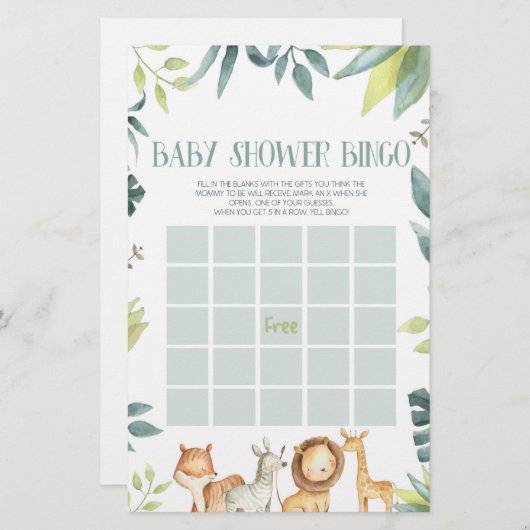 Safari Zoo Oerwoud Dieren Bingo Baby shower Spel Briefpapier (Voorkant / Achterkant)
