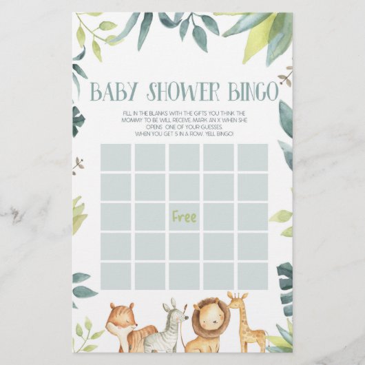 Safari Zoo Oerwoud Dieren Bingo Baby shower Spel Briefpapier (Voorkant)