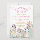 Safari Zoo Roze Goud Bloemen Meisje 3e Verjaardag Kaart (Voorkant)