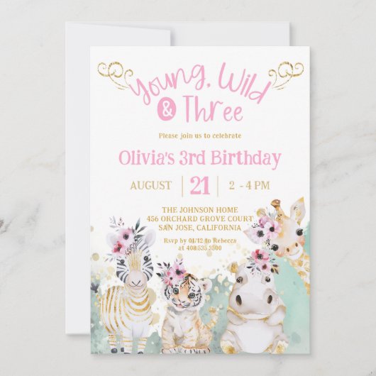 Safari Zoo Roze Goud Bloemen Meisje 3e Verjaardag Kaart (Voorkant)