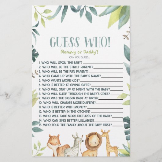 Safari Zoo Wilde Dieren Raad eens wie! Baby shower Briefpapier (Voorkant)