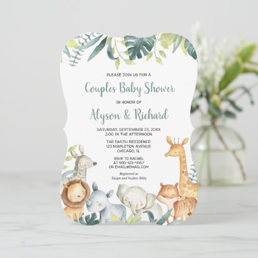 Safaridieren geslachtsneutrale koppels baby shower kaart (Staand voorkant)