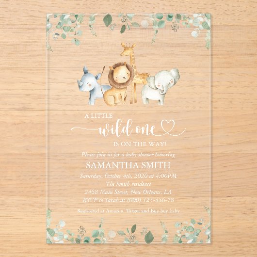 Safaridieren, Oerwoud, wilde dieren, Baby shower Acryl Uitnodigingen (Voorkant)
