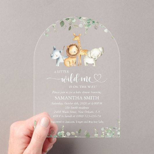 Safaridieren, Oerwoud, wilde dieren, Baby shower Acryl Uitnodigingen (Insitu (Draagbaar))