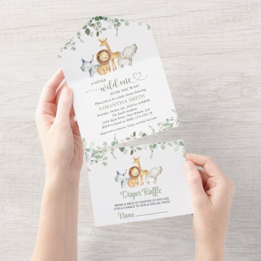 Safaridieren, Oerwoud, wilde dieren, Baby shower All In One Uitnodiging (Afscheurbaar)