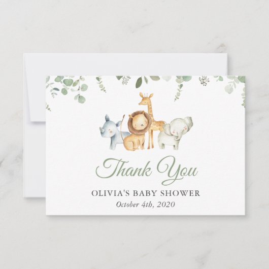 Safaridieren, Oerwoud, wilde dieren, Baby shower Bedankkaart (Voorkant)