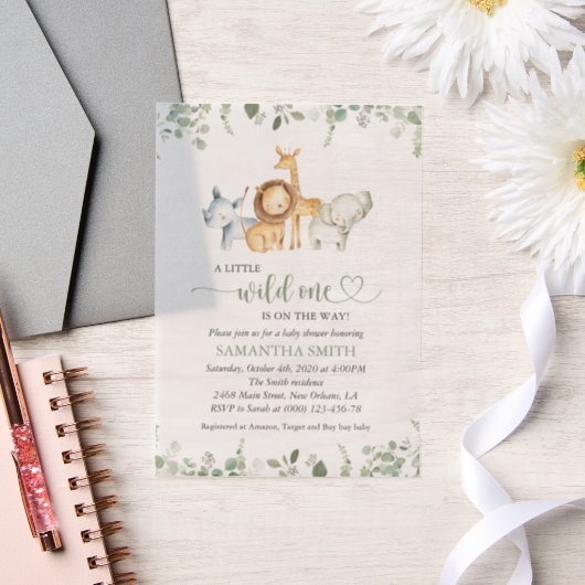 Safaridieren, Oerwoud, wilde dieren, Baby shower Vellum Uitnodigingen (Huwelijk)
