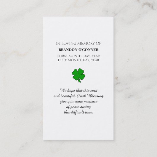 Safely Home Memorial Irish Blessing Prayer Card Visitekaartje (Achterkant)