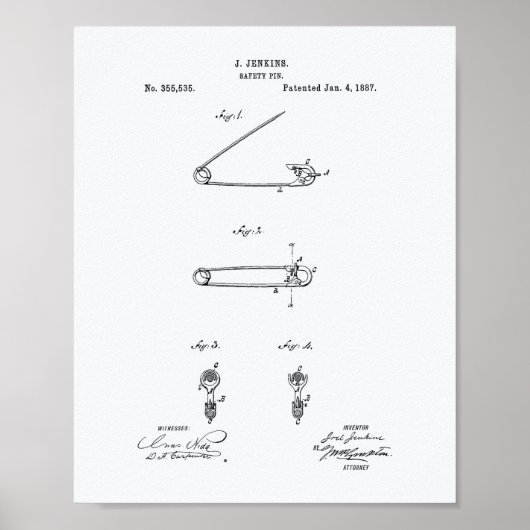 Safety Pin 1887 Patent Art-witboek Poster (Voorkant)