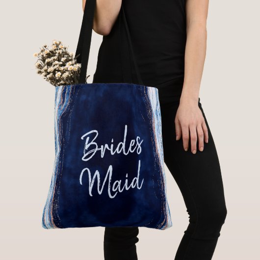 Saffier Blauw Roos Gouden Geode Agaat Bruidsmeisje Tote Bag (Dichtbij)