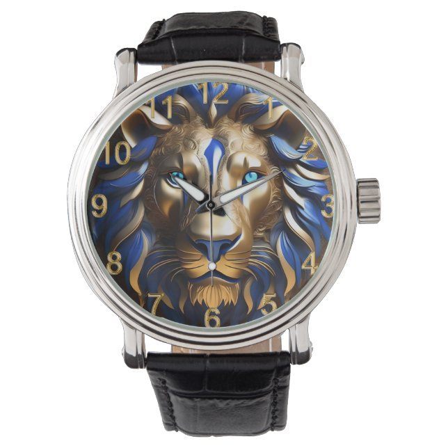 saffier blauwe en gouden leeuw, horloge (Voorkant)