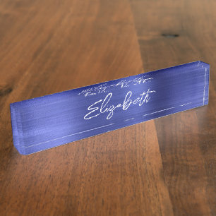 Saffier Blauwe Folie Moderne Borstel Schrift Naambordje