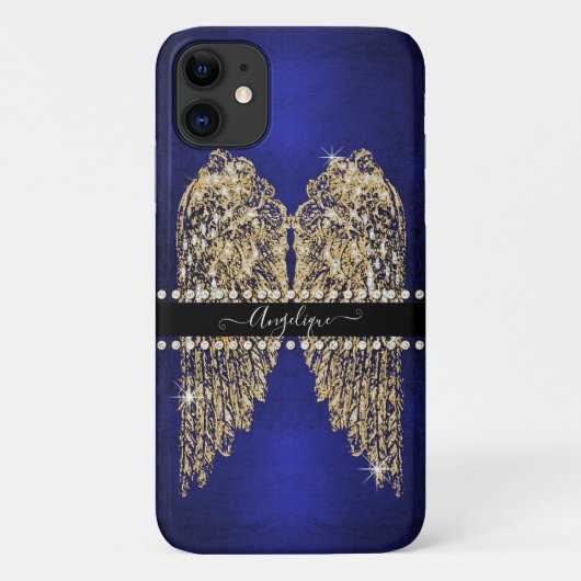 Saffier Blauwe Gouden Engelenvleugels met Diamante Case-Mate iPhone Case (Achterkant)