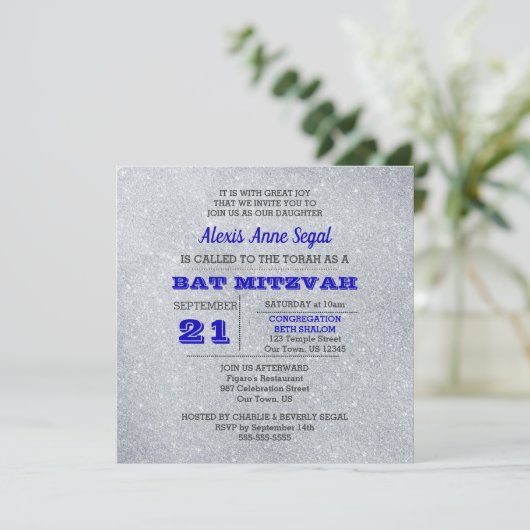 Saffier en zilveren glitter Glam Bat Mitswa Kaart (Staand voorkant)