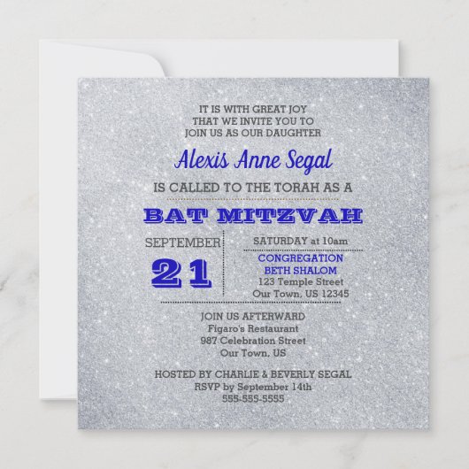 Saffier en zilveren glitter Glam Bat Mitswa Kaart (Voorkant)