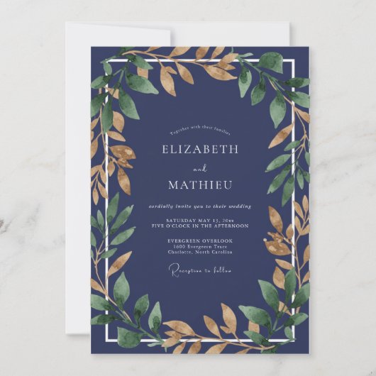 Saffier Goud Loof Eucalyptus Bruiloft Kaart (Voorkant)