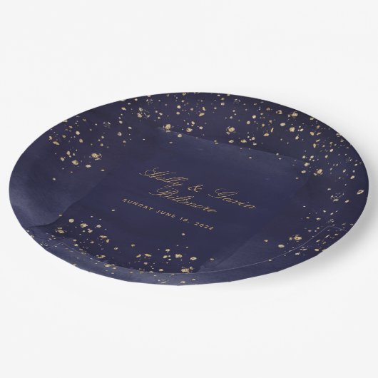 Saffier & Gouden Bruiloft 9 Inch Diner Papieren Bordje (Gekanteld)