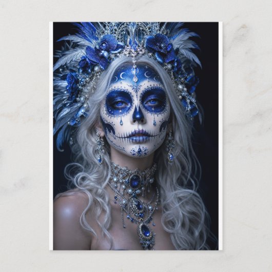 Saffier Maan Calavera – Blauwe Hemel Briefkaart (Voorkant)