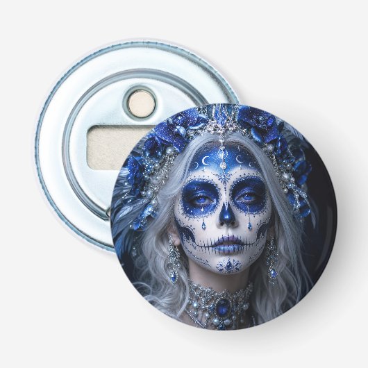 Saffier Maan Calavera – Blauwe Hemel Button Flesopener (Voorkant)