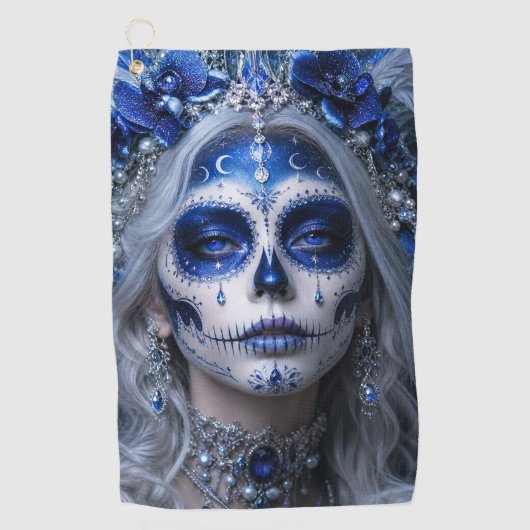 Saffier Maan Calavera – Blauwe Hemel Golfhanddoek (Voorkant)